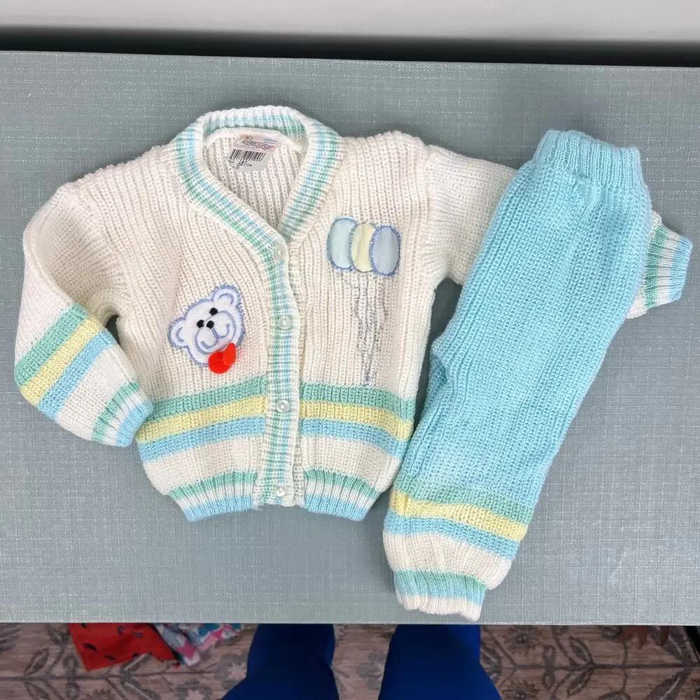 Vintage Two Piece Teddy Bear Balloon Sweater Set Baby Boy